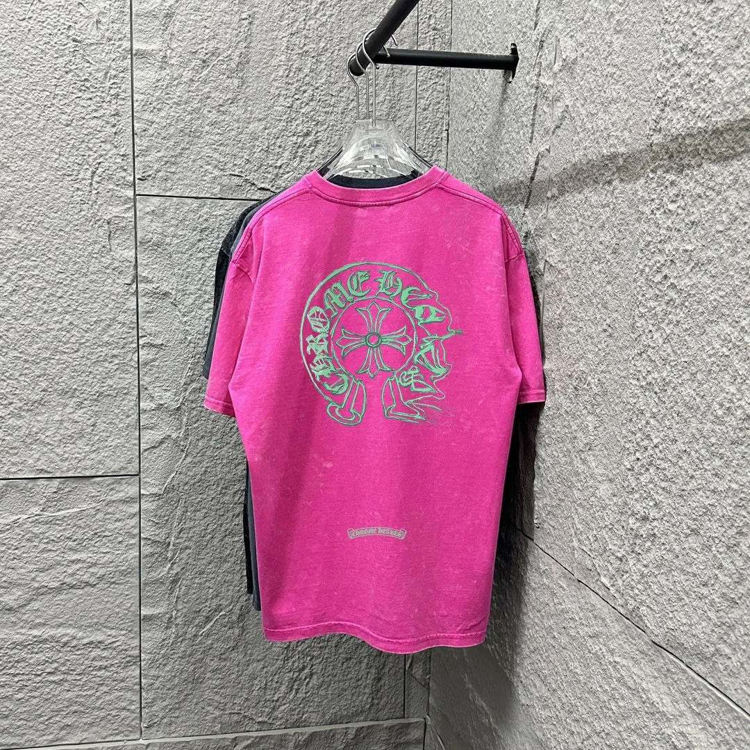 🅿️180 CH* Crow Heart* 2025 spring and summer new style Snowflake distressed washed retro round neck short sleeves Chest and front logo Horseshoe print Customized fabric Short-sleeved T-shirt Unisex Size: S M L XL XXL Color: Snowflake Black Snowflake Gray Snowflake Pink Snowflake Blue